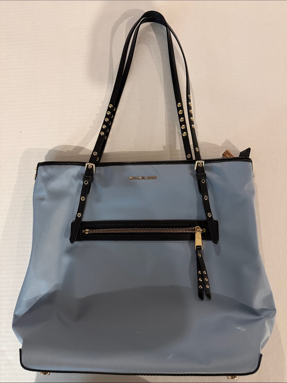 Michael Kors Powder Blue Tote with Black Trim and Gold Hardware